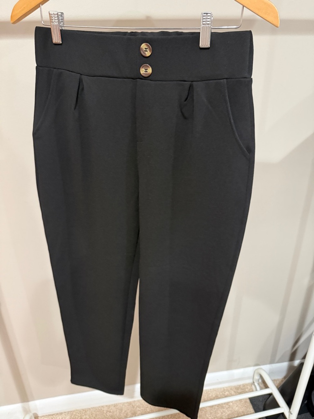 High-Rise Black Cropped Pull-On Pants with Button Accent